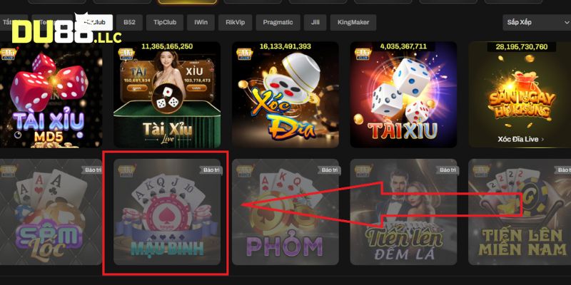 Bạn lựa chọn trò chơi Mậu Binh Tại giao diện sảnh Hitclub