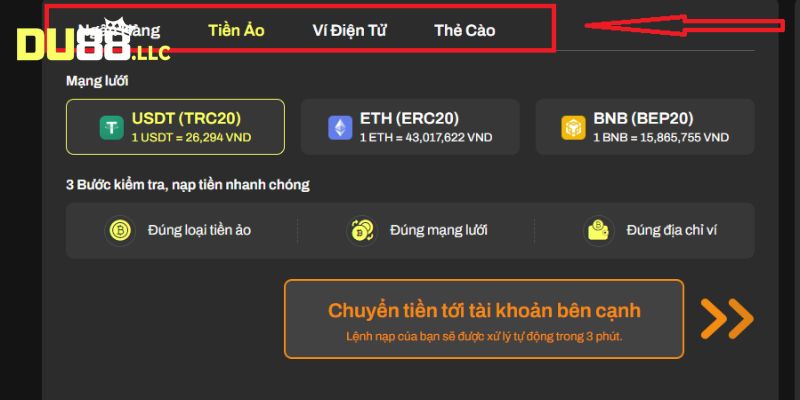 Người chơi hãy lựa chọn phương thức gửi tiền thuận tiện nhất